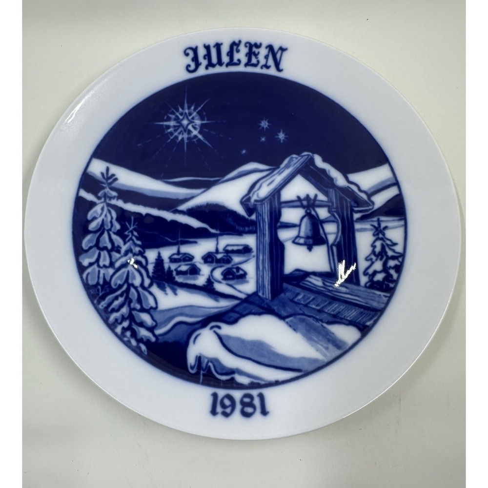Hackerfors Sweden Christmas Plate 1981 Blue White Winter Scene Wall Decor